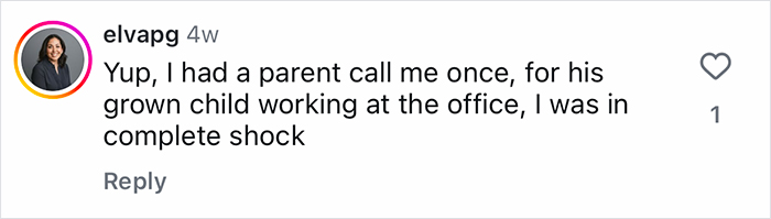 Comment about a parent calling an office for their grown child, highlighting Gen-Z workers relying on mom to handle work conflicts.