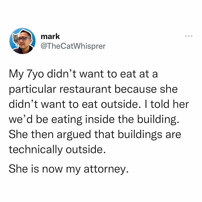 Tweet about a 7-year-old humorously debating eating inside a building, highlighting relatable parenting moments.