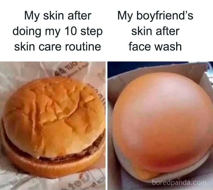 Comparison meme showing two burger buns, representing skin after makeup and skincare routine versus a simple face wash, related to fashion and diva life.