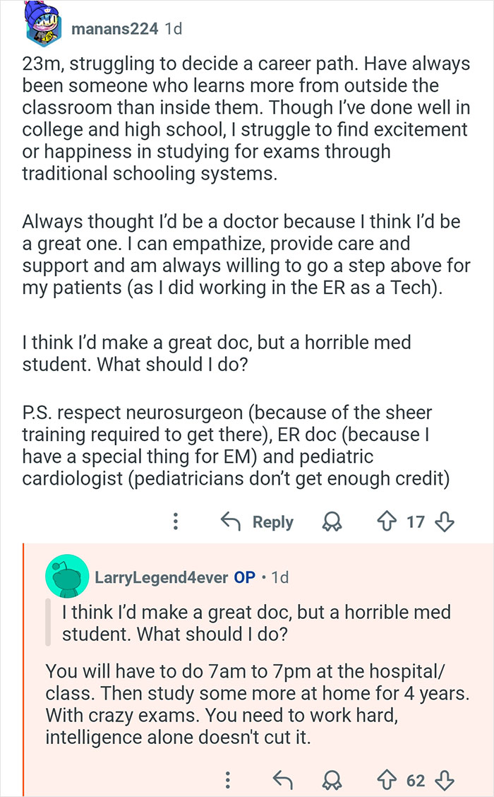 Reddit conversation about choosing a medical career path with advice from doctors and med students online.