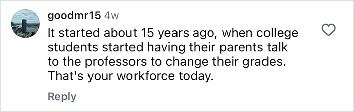 Comment about Gen-Z workers relying on mom to handle work issues, reflecting current workforce dynamics.