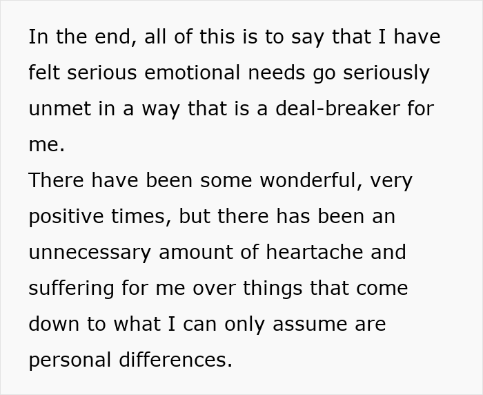Text discussing unmet emotional needs and heartache in a relationship after a romantic trip with a female friend. Text discussing unmet emotional needs and heartache in a relationship after a romantic trip with a female friend.