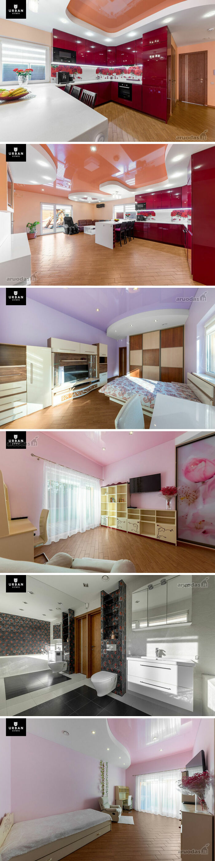 Cocinas, dormitorios y baños modernos en listados de bienes raíces entretenidos con diseños únicos y colores vibrantes.