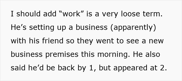 Text on a white background describing an ungrateful husband&rsquo;s loose approach to work and parenting support.