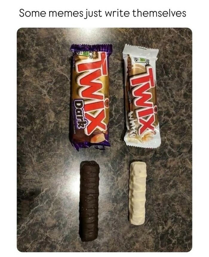 Two Twix candy bars, one dark and one white, shown unwrapped as a funny random meme for a quick laugh.