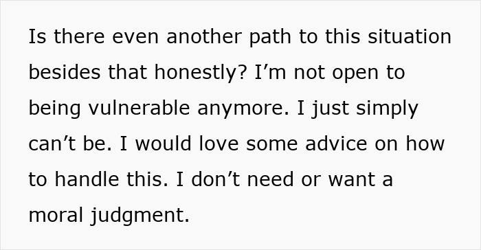 Text expressing struggle with vulnerability, seeking advice on handling work and family priorities without judgment. Text expressing struggle with vulnerability, seeking advice on handling work and family priorities without judgment.