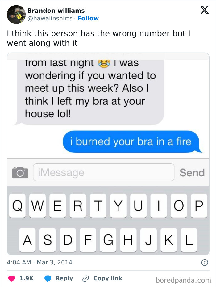 Funny wrong number text exchange where one person confesses to burning a bra after a mistaken message.