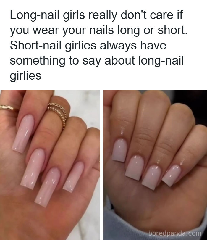 Comparison of long and short n**e manicure nails, highlighting fashion and makeup trends in the diva life meme.