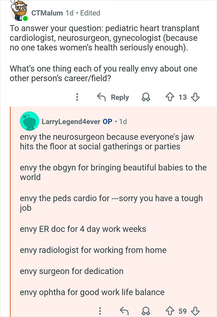 Reddit discussion where seven doctors share what they envy about each other's medical specialties and careers.