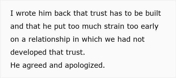 Text message about building trust in a relationship after strain, relating to guy refusing breakup after romantic trip. Text message about building trust in a relationship after strain, relating to guy refusing breakup after romantic trip.
