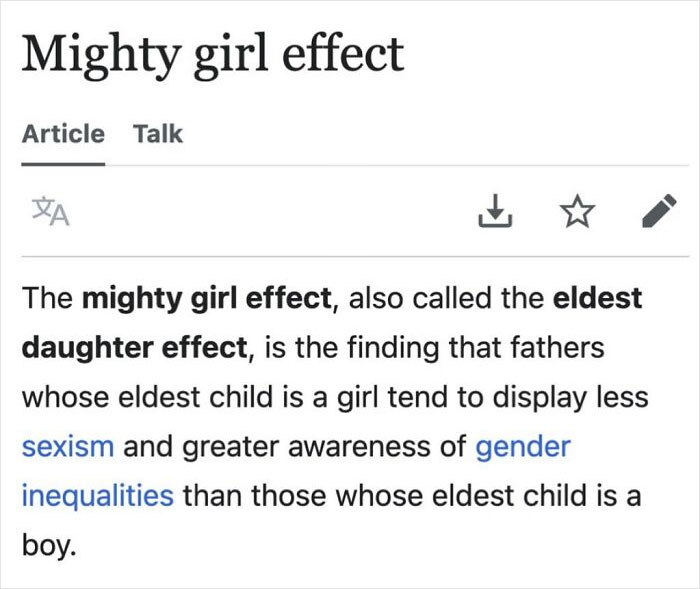 Screenshot of a Wikipedia article explaining the mighty girl effect and eldest daughter effect with gender inequality terms.