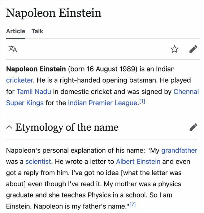 Screenshot of a funny Wikipedia gem about Indian cricketer Napoleon Einstein's name origin and background details.