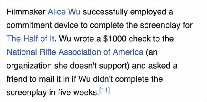Alt text: A funny Wikipedia gem about filmmaker Alice Wu using a commitment device involving a $1000 check to the NRA.