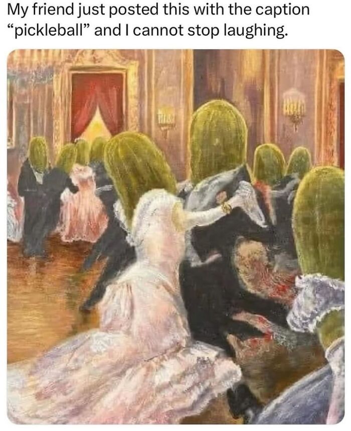 Humorous meme featuring people with pickle heads dancing, highlighting random memes for a quick laugh today.