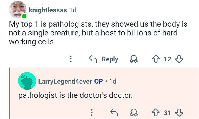 Online discussion showing users describing pathologists as doctors during a medical expert Q&A session.