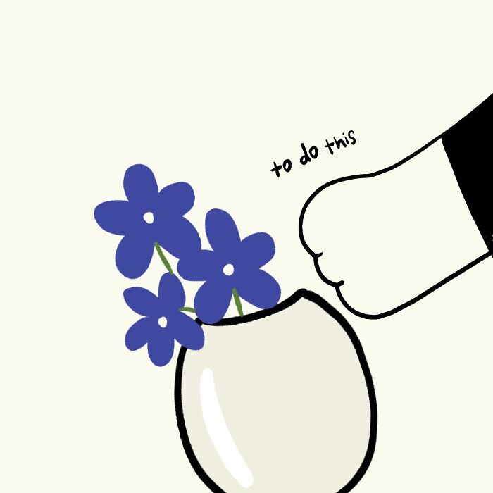 Funny and relatable doodle of a black cat sitting next to a lamp and flowers, capturing everyday thoughts visually.