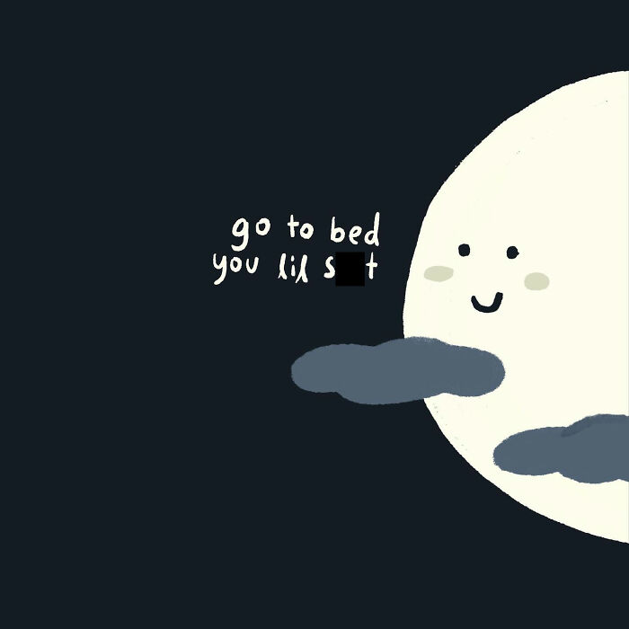 Funny and relatable doodle of a ghost looking at the smiling moon, capturing everyday thoughts in simple art.