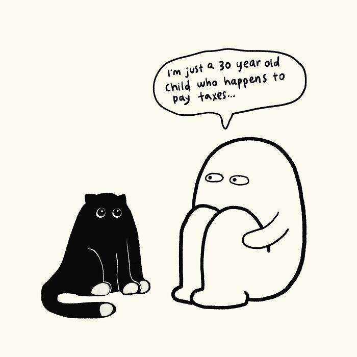 Simple doodle of a person and a cat with a speech bubble showing funny, relatable everyday thoughts.