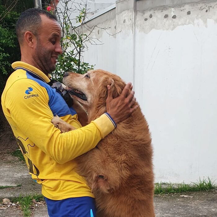 Mailman smiling and playing with a friendly golden retriever, showing the bond between mail carrier and dogs on route.
