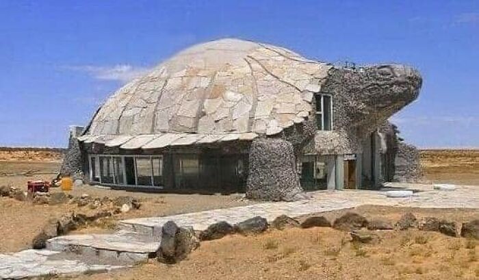 Unique Zillow home shaped like a giant turtle in a desert landscape, showcasing unusual real estate design.