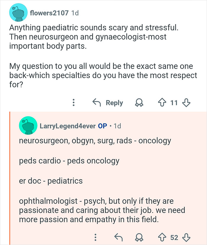 Reddit conversation about medical specialties with doctors answering questions on neurosurgery, pediatrics, and oncology.
