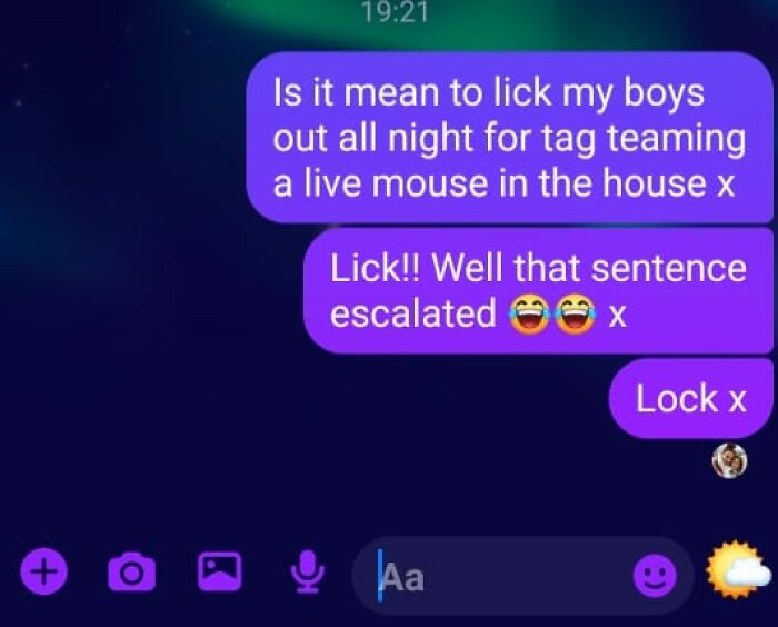 Text message conversation showing autocorrect errors causing a humorous misunderstanding involving licking and locking.