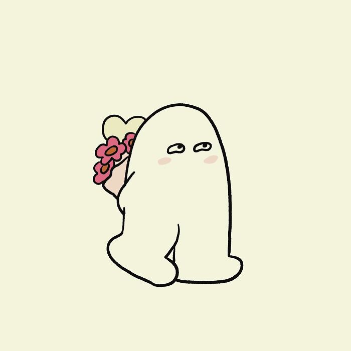 Funny relatable doodle of a character holding flowers, illustrating everyday thoughts in a simple cartoon style.