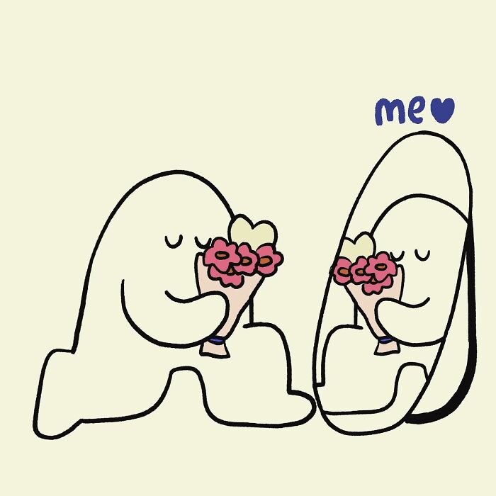 Funny relatable doodle of a character holding flowers, illustrating everyday thoughts in a simple cartoon style.