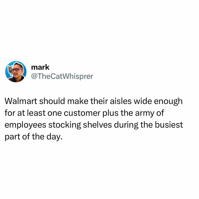 Tweet about Walmart aisles being too narrow, illustrating relatable parenting and marriage humor in daily life situations.