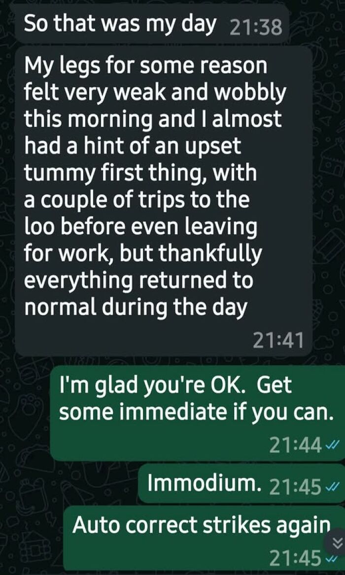 Text conversation showing autocorrect error with medication name Imodium typed as Immodium, highlighting autocorrect betrayal humor.