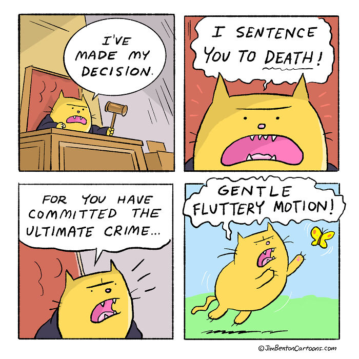 Cartoon cat judge humorously captures what it’s like to live with cats through playful and quirky comic panels.