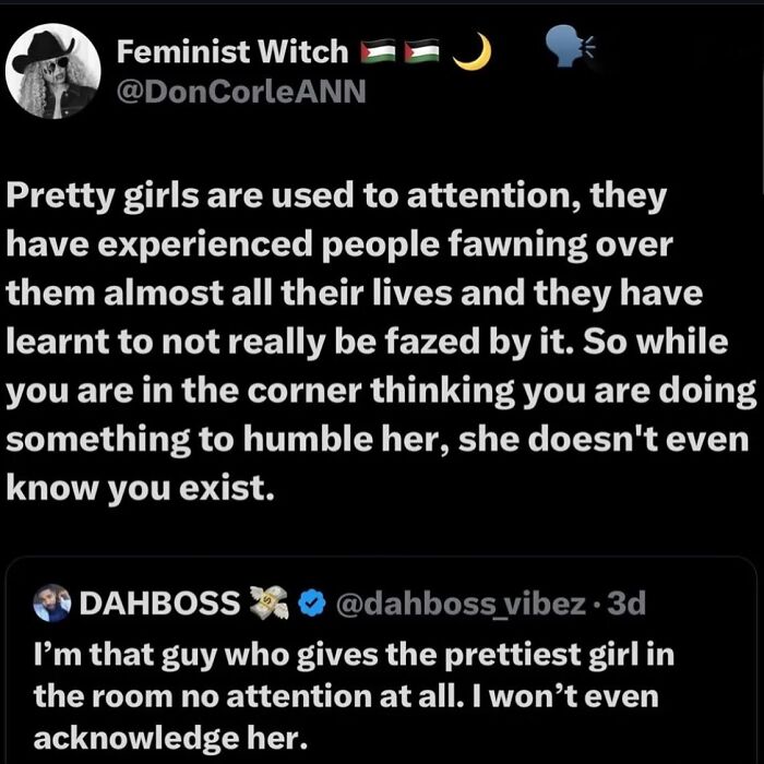 Social media exchange featuring savage women roasting men, highlighting confident women unfazed by male attention online.