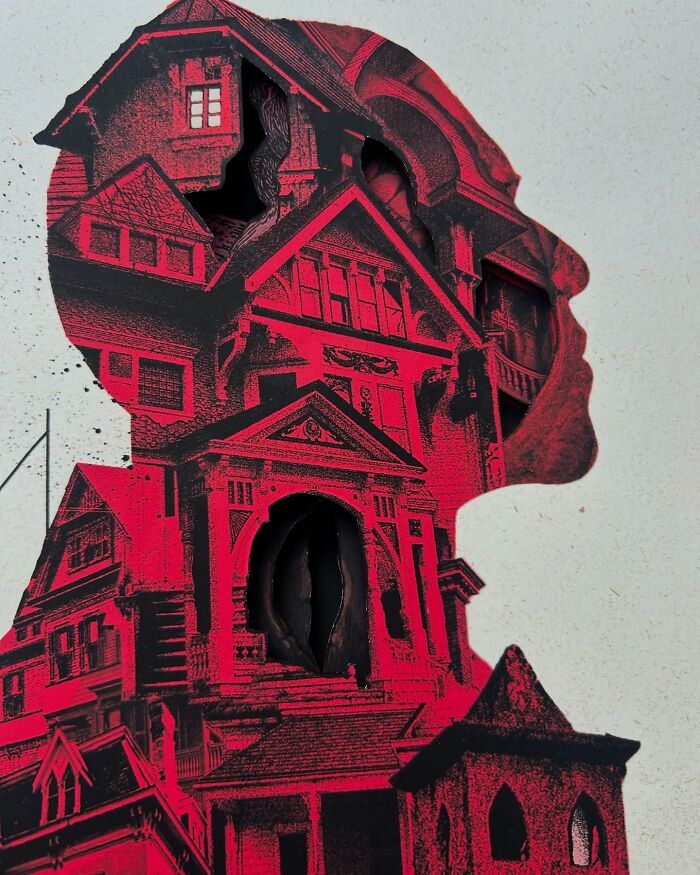 Intricate collage of a red Victorian-style haunted house merging with a human profile silhouette against a plain background.