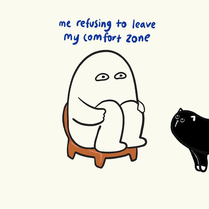 Simple doodle of a character sitting curled up on a small stool, illustrating relatable everyday thoughts humorously.