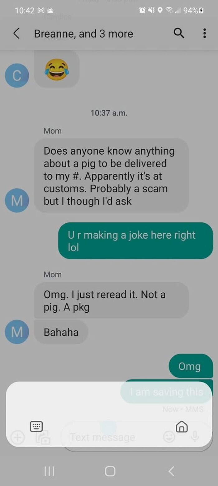 Text message exchange showing autocorrect mistake where "pkg" was typed as "pig," highlighting autocorrect fails.