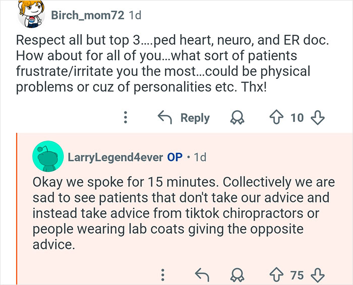 Reddit thread with doctors answering questions about patient frustrations and medical advice challenges online.