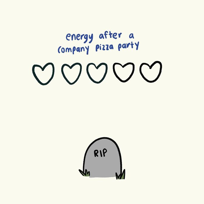 Funny relatable doodle showing low energy after work with a tired figure slumped on an office chair and heart icons.