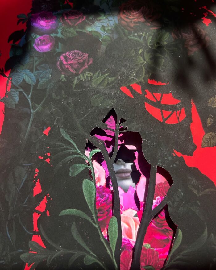 Surreal intricate collage of a woman entwined with dark foliage and roses against a vibrant red background.