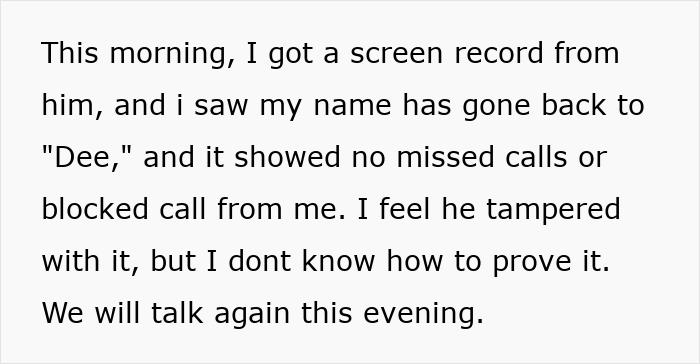 Screenshot of text message discussing suspicion of being blocked during a man's suspicious work trip causing relationship doubts.