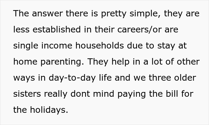 Text from a woman explaining family dynamics around hosting a traditional family Thanksgiving and holiday expenses.