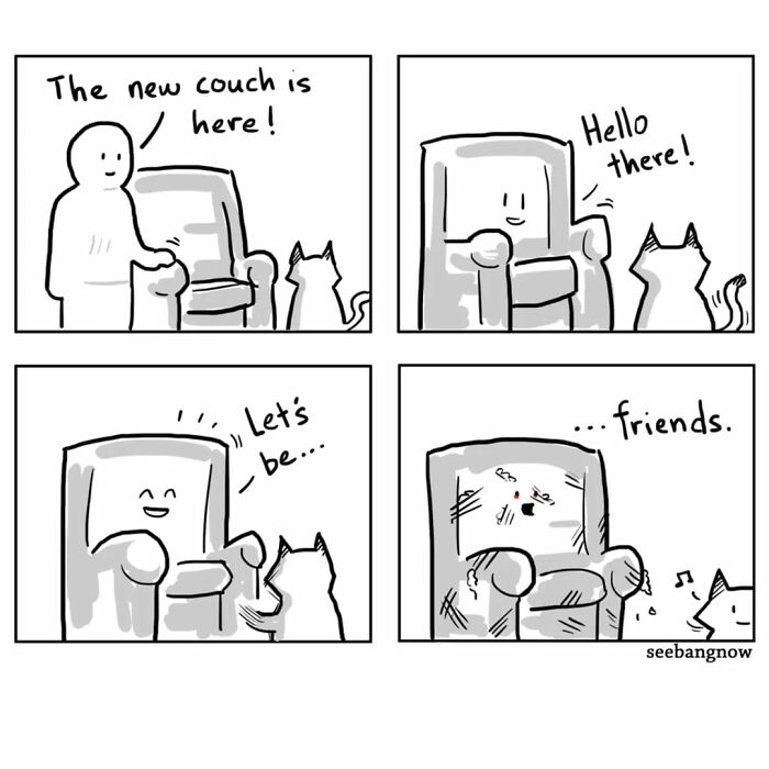 Comic strip featuring an honest and dramatic cat interacting with a new couch, showing unbothered cat behavior.