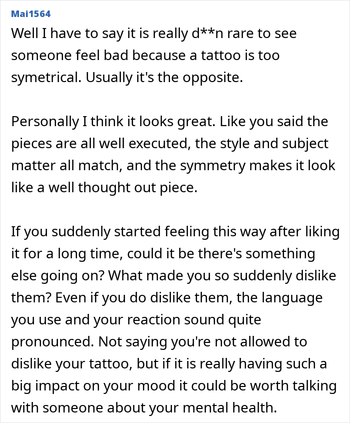 Comment discussing tattoo regret, emotional impact, and advice on addressing depression and mental health concerns.