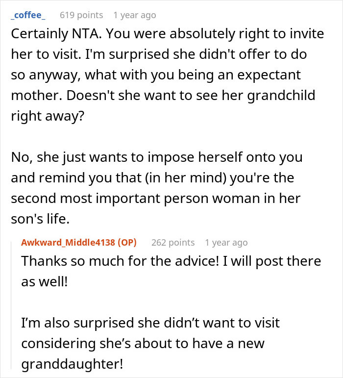 Reddit comment discussing a mother-in-law's reaction to her son choosing wife and baby over her, highlighting possessiveness.