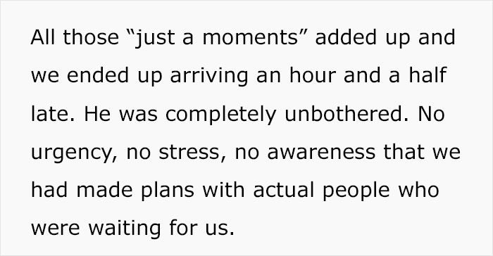 Text excerpt showing a woman stops treating her husband like a kid causing chaos and frustration due to lateness.