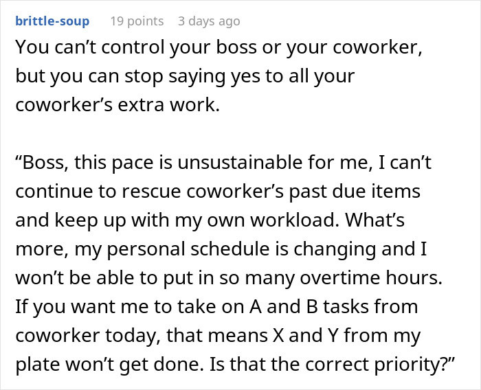 Text message conversation about setting boundaries with coworkers to manage workload and avoid taking on extra unpaid tasks.