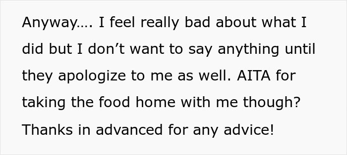Text discussing feeling bad about taking food home after a Friendsgiving dress-code betrayal conflict. Text discussing feeling bad about taking food home after a Friendsgiving dress-code betrayal conflict.