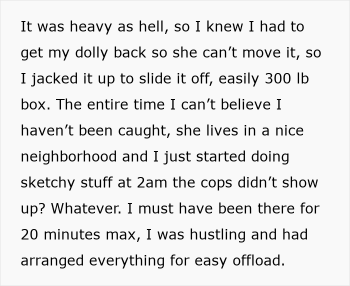 Text on a white background describing moving heavy boxes late at night amid a dispute with a toxic MIL over an inherited tractor.