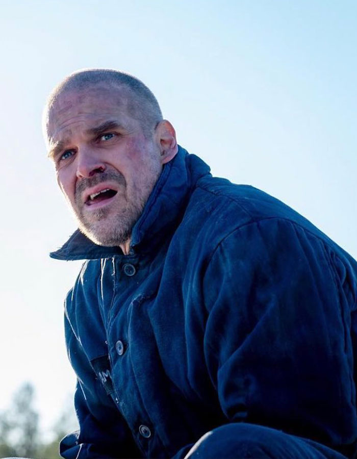 David Harbour in a distressed look wearing a dark coat, related to reports of bullying on the set of Stranger Things.