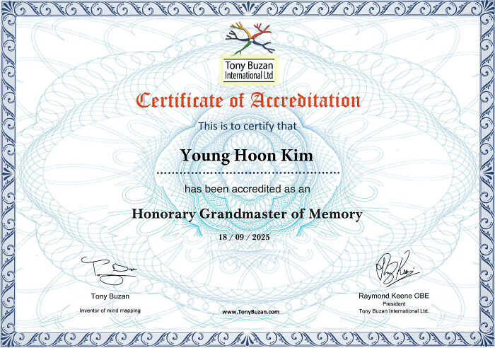 Certificate of accreditation awarded to South Korea&rsquo;s memory grandmaster Young Hoon Kim by Tony Buzan International Ltd.