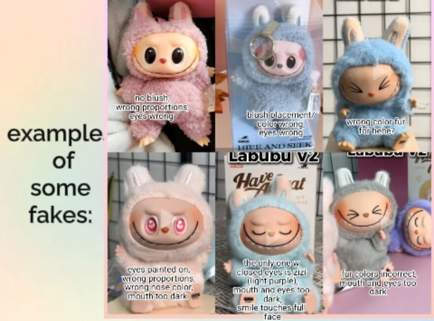 Various Labubu dolls showing differences between original and counterfeit versions with notes on color and facial feature errors.
